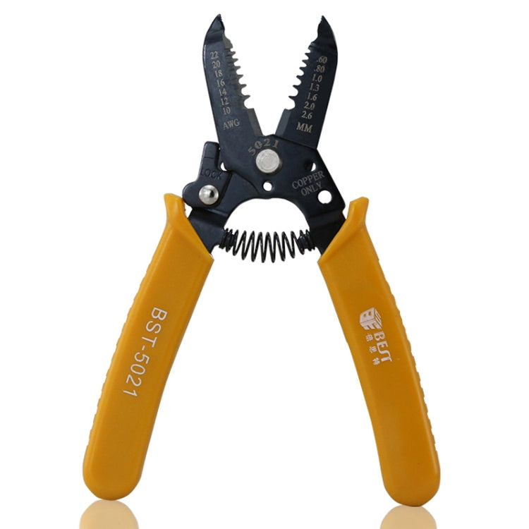 Front-facing wire stripping and crimping pliers with black V-jaw and yellow handles