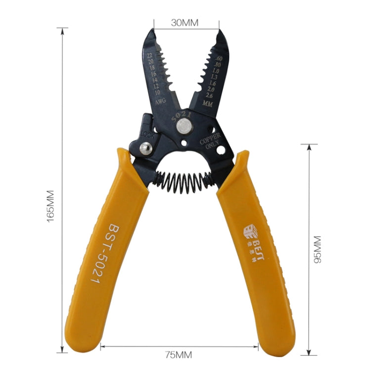 Crimper and wire stripper pliers, black V-jaw with yellow handles; about 165mm long