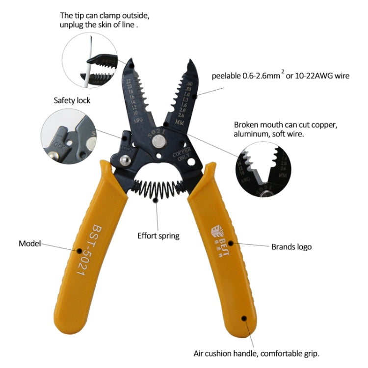 Wire stripping and crimping tool with safety lock and spring; yellow handles, black jaws