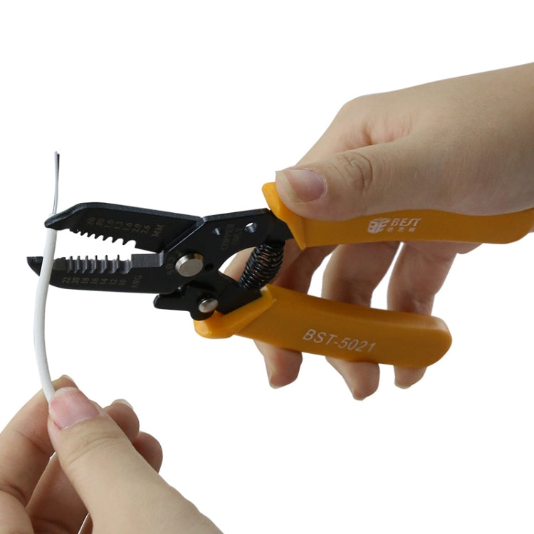 Wire stripping crimping pliers being used in hand; yellow handles and black jaw assembly