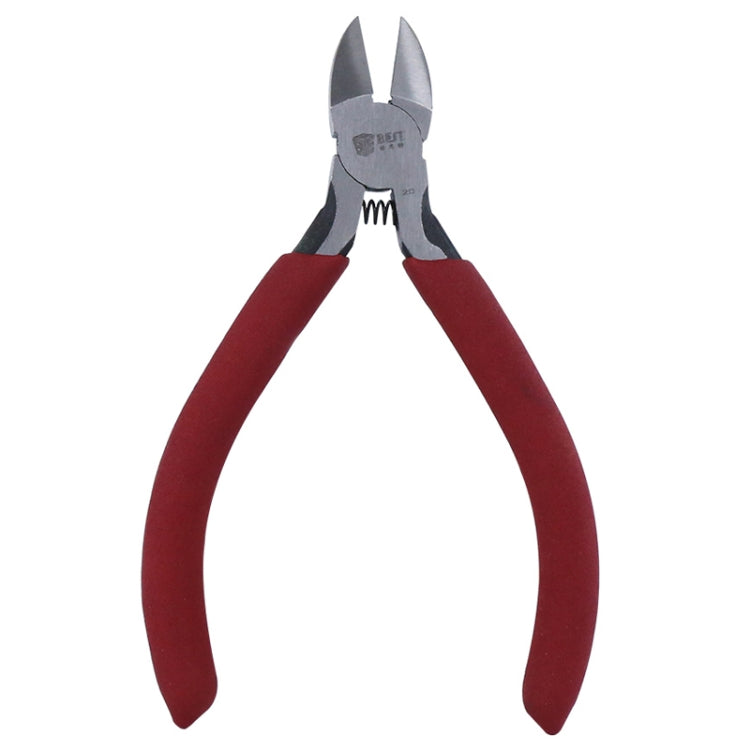 Diagonal cutting pliers with red grips and chrome steel cutting jaws