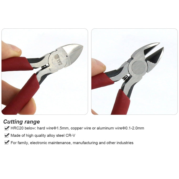 Diagonal cutting pliers close-up showing cutting head and red handle grips