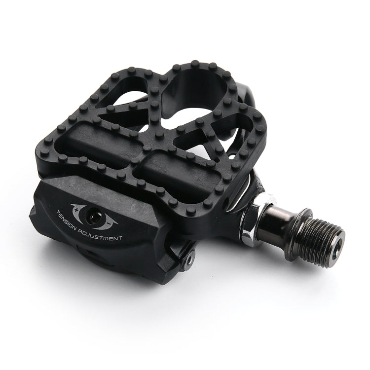 Black KEO-style road bike pedals with adjustment screw and axle threads