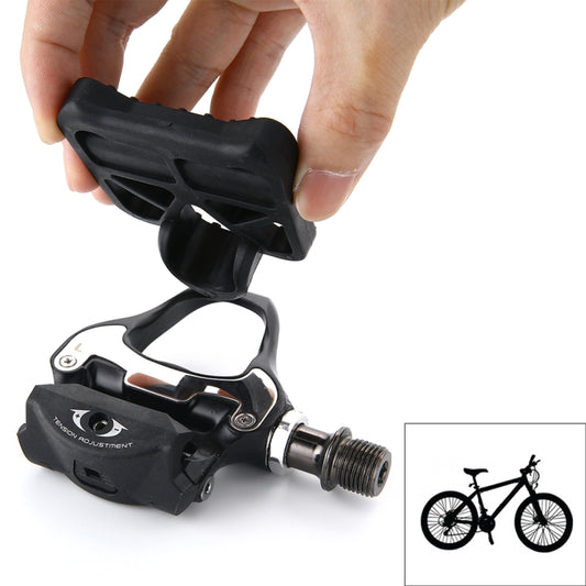 Black road bike SPD-SL adapter pedal with silver threaded axle and cleat mechanism