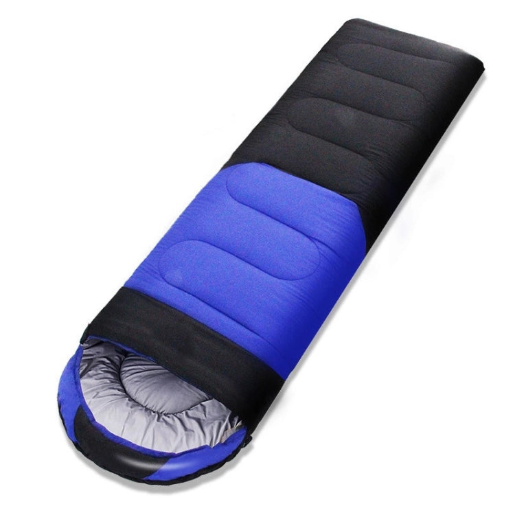 Blue and black sleeping bag with zipper opening and contoured foot area