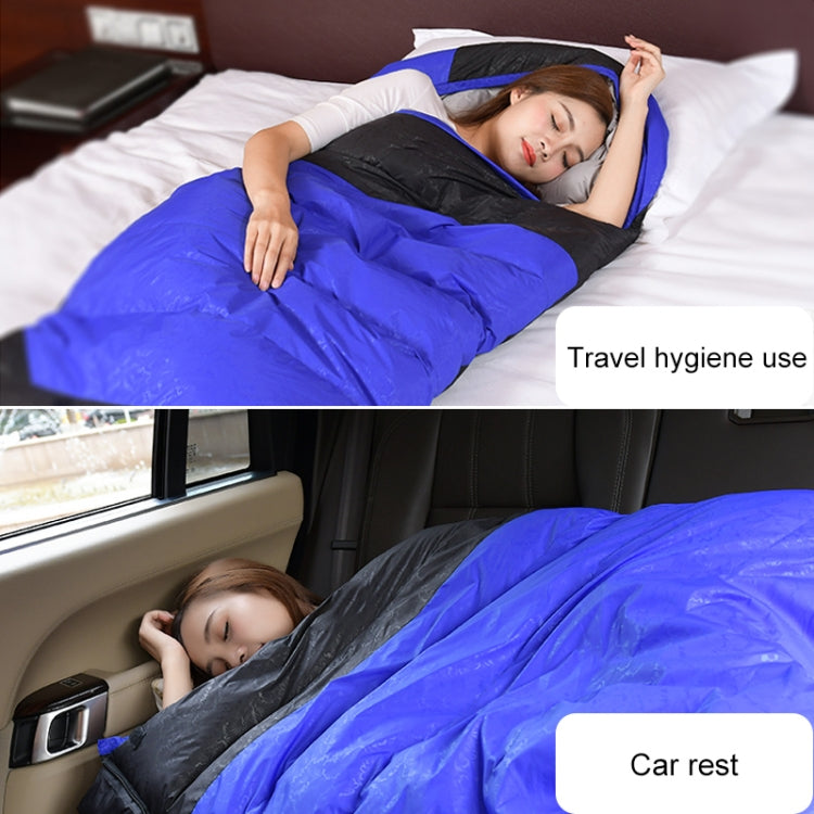 Blue sleeping bag, quilted wrap with dark hood area, for 210x80cm bed