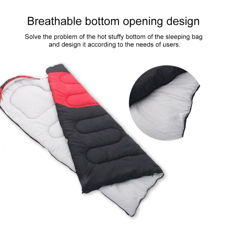 Blue and black sleeping bag with breathable bottom opening and white inner lining
