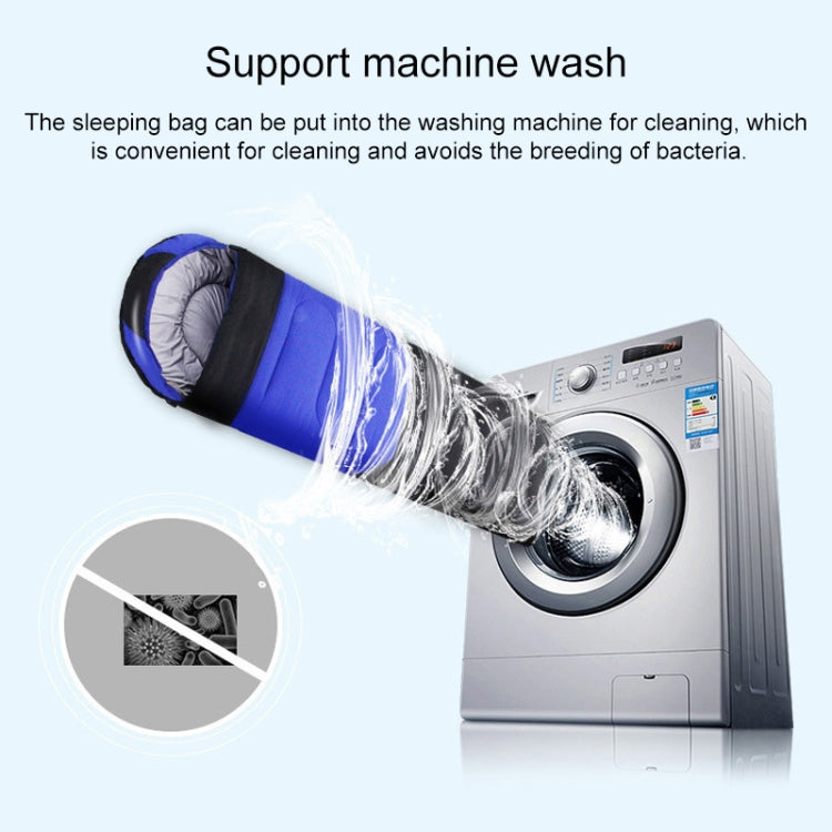 Blue sleeping bag in washing machine with water-spray around the bag
