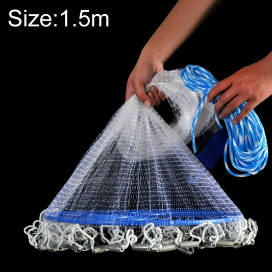 Frisbee-style monofilament fishing net bag with blue frame and white mesh, 1.5m size