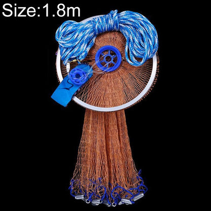 Throw fishing net with blue cord roll, circular ring frame, and hanging brown mesh