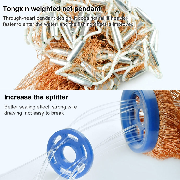 Weighted throw net with orange-brown cord mesh, white rope, and blue end splitters