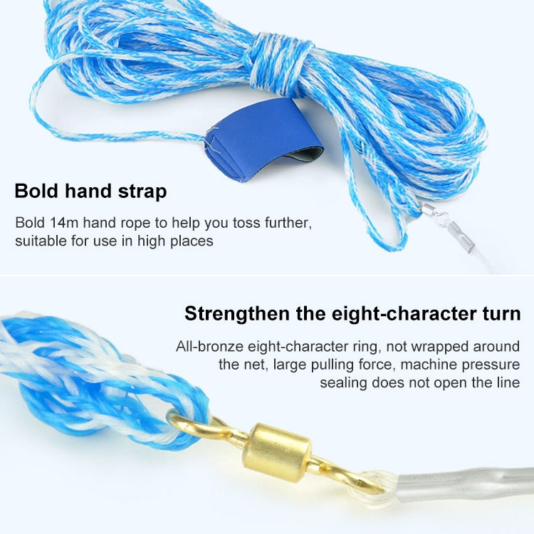 Blue hand-strap throw net with bronze metal ring connector and braided cords