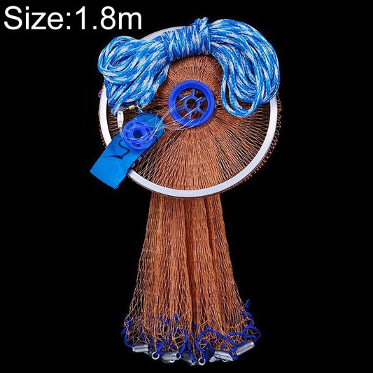Throw fishing net with blue cord roll, circular ring frame, and hanging brown mesh