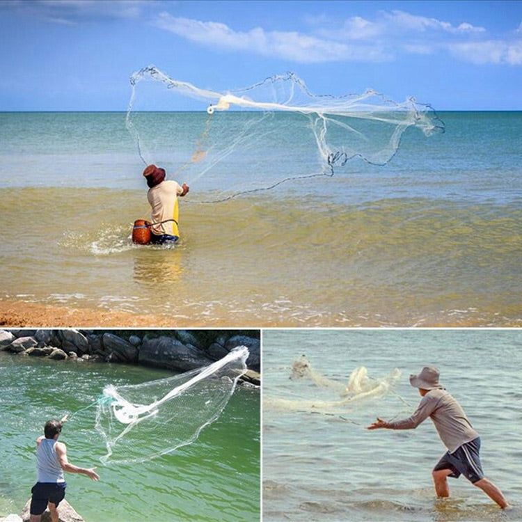 Fisherman casting a throw fishing net over shallow water with net spread