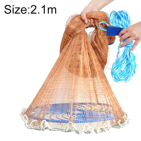 Conical orange fishing net with blue rim cords and gather strap, 2.1 m tall