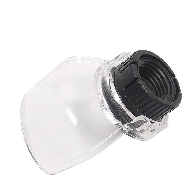 Transparent plastic rotary tool shield guard with black threaded connector