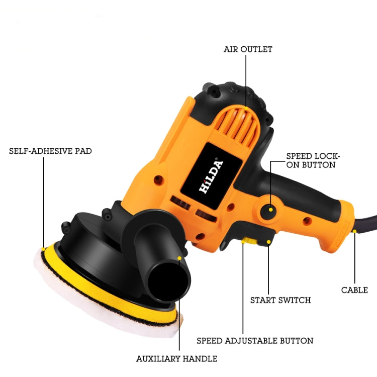 Hilda car polisher sander with speed buttons, auxiliary handle, and foam pad