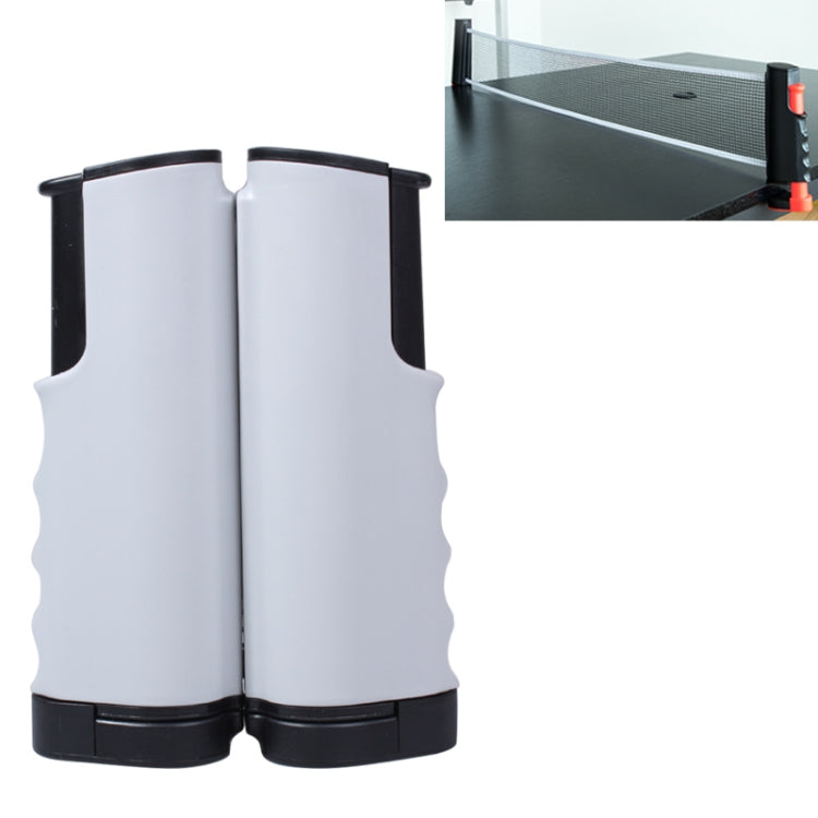Retractable table tennis net rack with white mesh sleeves and black base clamps