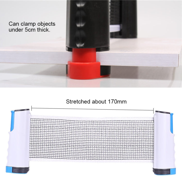 Retractable table tennis net rack with stretched white mesh and orange clamp base