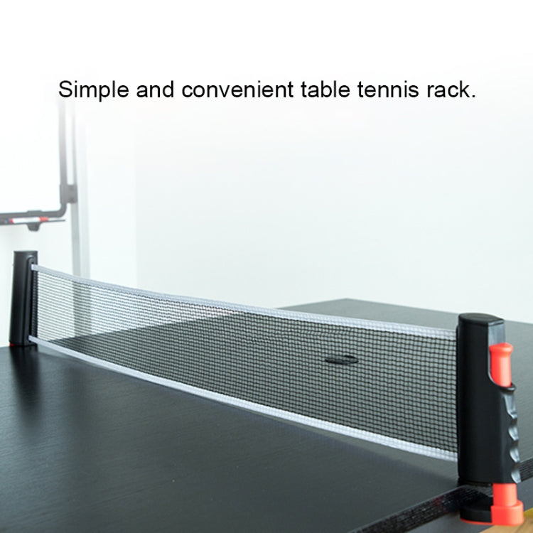 Table tennis net rack with gray mesh, black post, and orange side latch