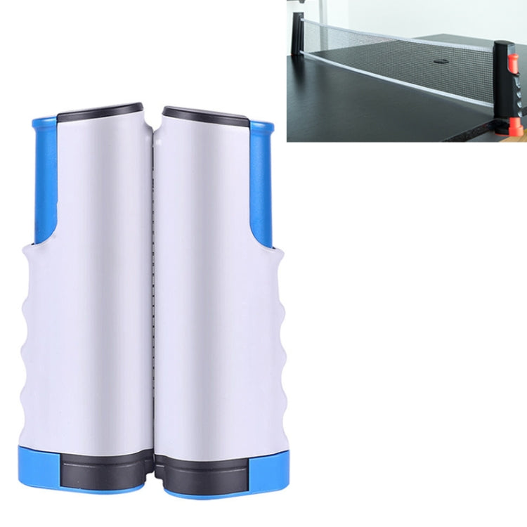 Retractable table tennis net rack with white rollers, blue accents, and black base clamps