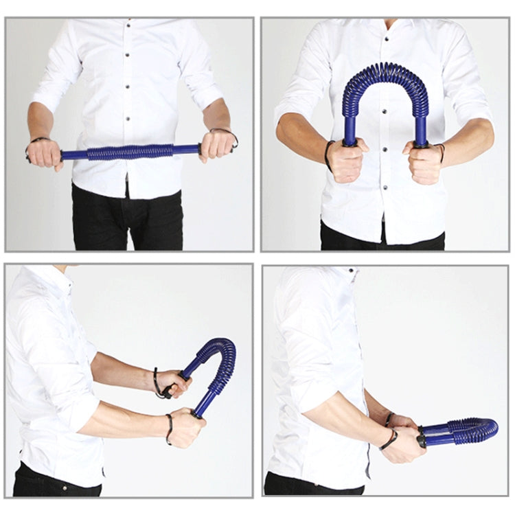 Blue spring hand grip exerciser held at sides during arm workout