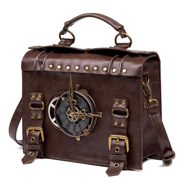 Brown leather-look crossbody bag with flap, brass studs, and steampunk gear lock charm