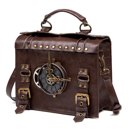 Brown leather-look crossbody bag with flap, brass studs, and steampunk gear lock charm