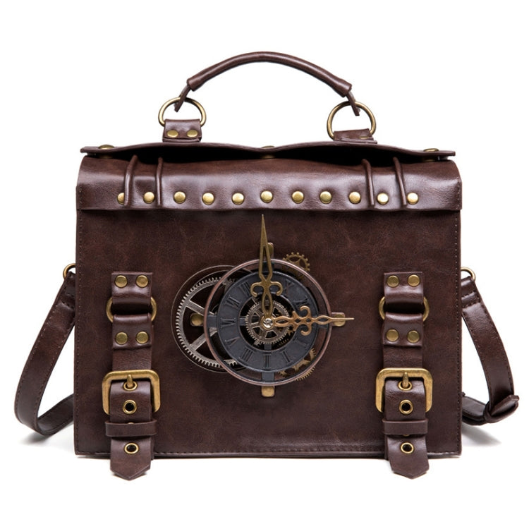 Brown leather-look crossbody bag with front gear emblem, brass hardware, and shoulder strap