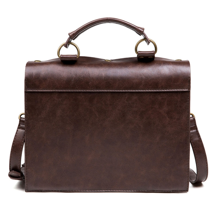 Brown leather-look flap crossbody bag with top handle and side shoulder strap ends
