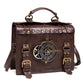 Brown leather-look crossbody bag front view with gear emblem, studs, and buckled straps