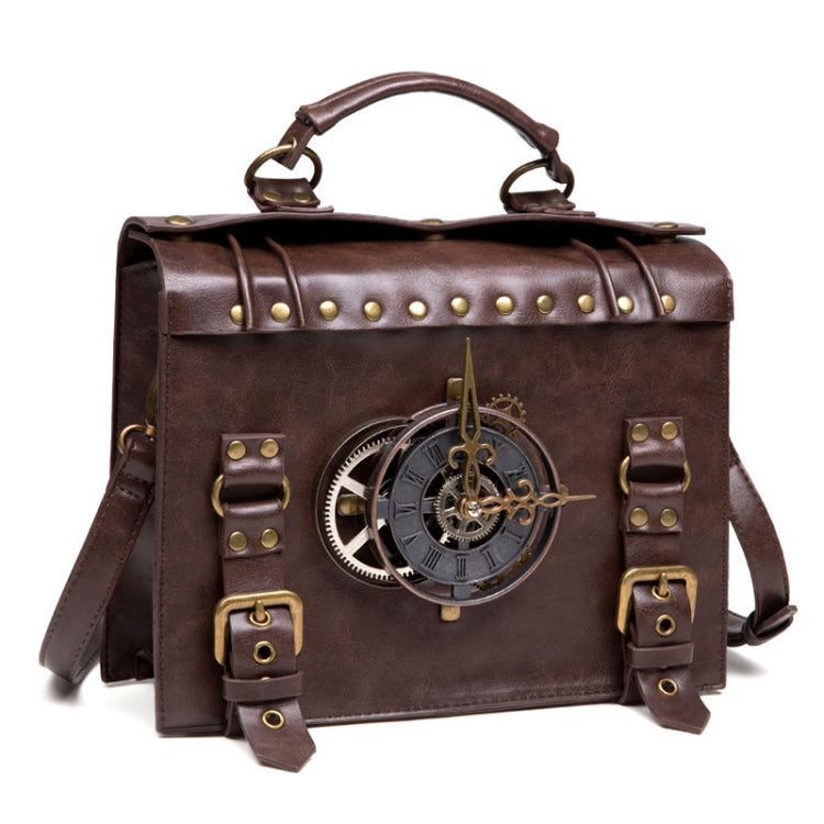Brown leather-look crossbody bag front view with gear emblem, studs, and buckled straps