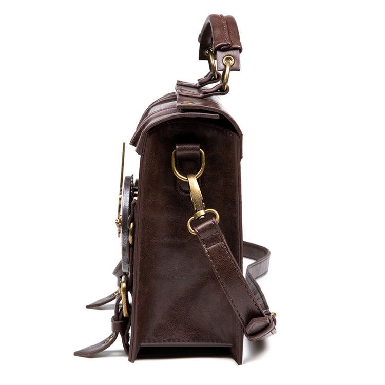 Brown leather-look crossbody bag side view with clasp hardware and adjustable strap