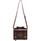 Brown leather-look crossbody bag hanging view with long strap and front gear emblem