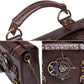 White crossbody bag diagram with flap, gear emblem, and adjustable shoulder strap