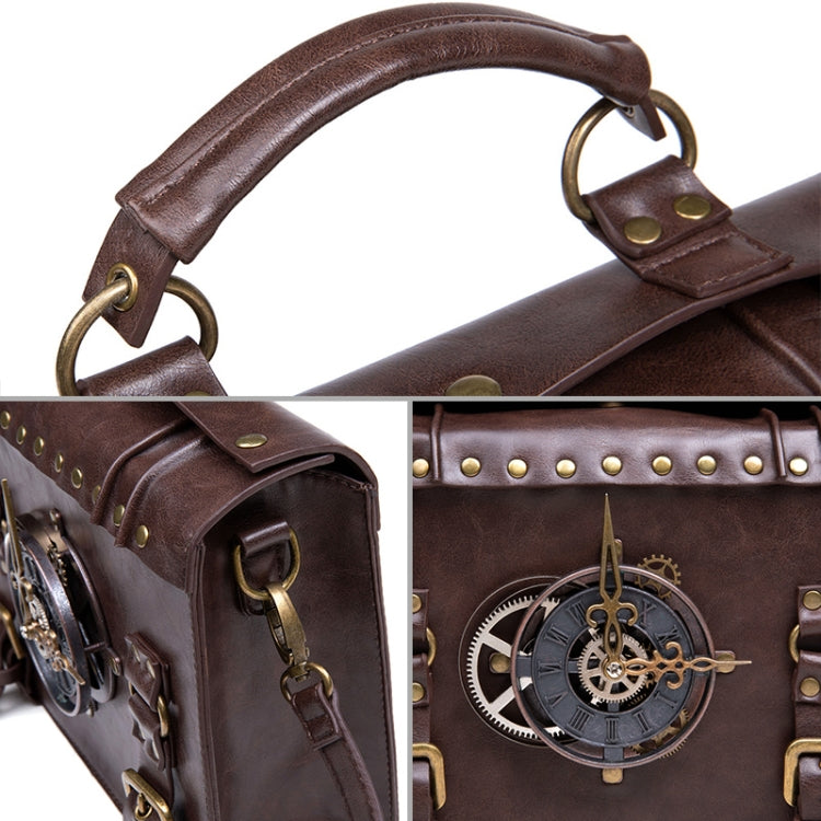 White crossbody bag diagram with flap, gear emblem, and adjustable shoulder strap