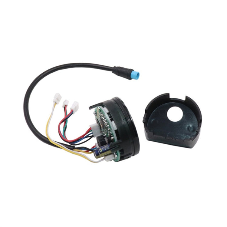 Electric scooter dashboard circuit module with PCB, connectors, and black mounting bracket