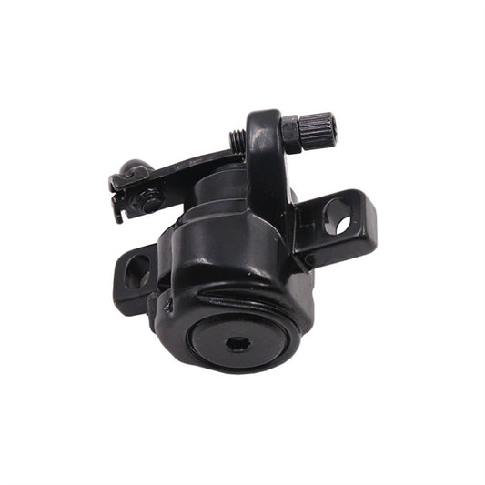 Black disc brake caliper with adjustment knob and mounting bracket