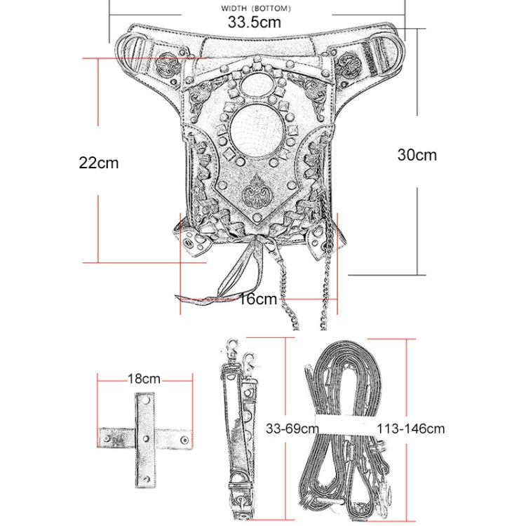 Black bag measurement diagram showing front panel, straps, and chain length indicators