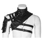 Black leather one-shoulder armor bag on mannequin with chest strap harness and studs