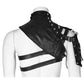 Black leather crossbody armor bag with diagonal strap and grommeted belt tabs