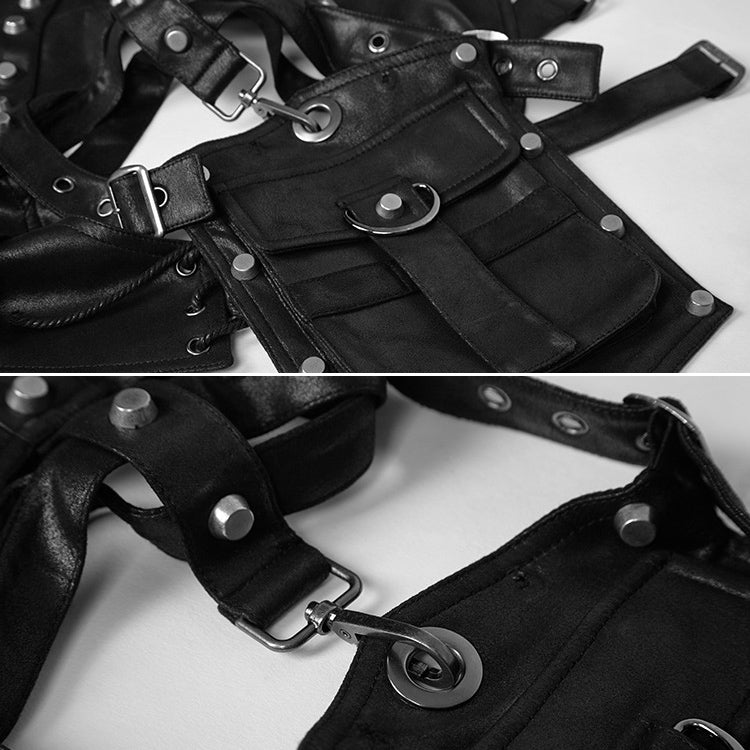 Close-up of black leather armor bag: front pockets, rivets, rings, and buckles