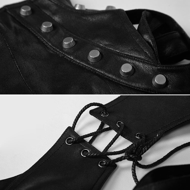 Close-up of black leather one-shoulder bag details: studded panel and lace-up eyelets