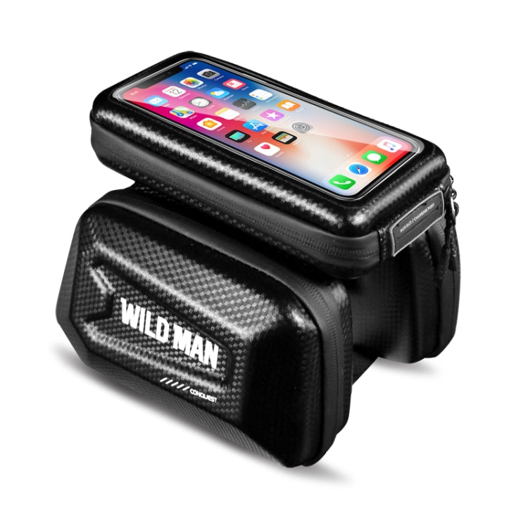 Waterproof front MTB bike bag with touchscreen phone window, black, WILD MAN logo