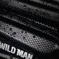 Waterproof black bike bag panel with WILD MAN logo and textured fabric with droplets