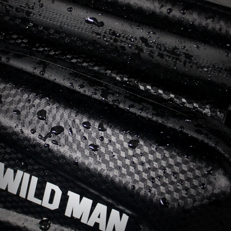 Waterproof black bike bag panel with WILD MAN logo and textured fabric with droplets