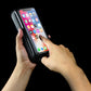 Waterproof touchscreen front bike bag holding smartphone, black, touch control by hands