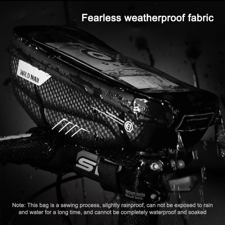 Black waterproof bicycle front bag with zipper for phone, mounted on handlebars