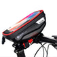 Red-trim waterproof bicycle front phone bag with zipper, mounted on handlebars