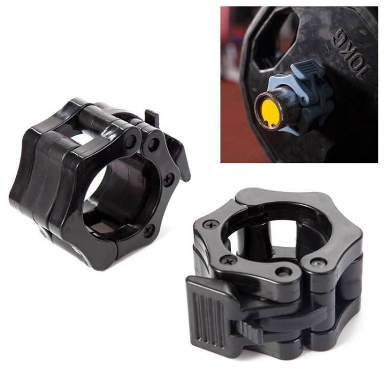 Black plastic barbell buckle clamp with quick-lock mechanism and round 25mm opening.
